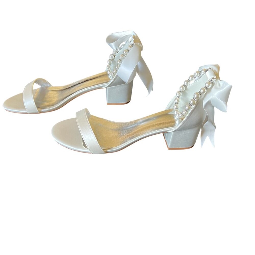 Bridal Block Heels Women's 10 White Satin Pearl Style Ankle Straps Ribbon Bows